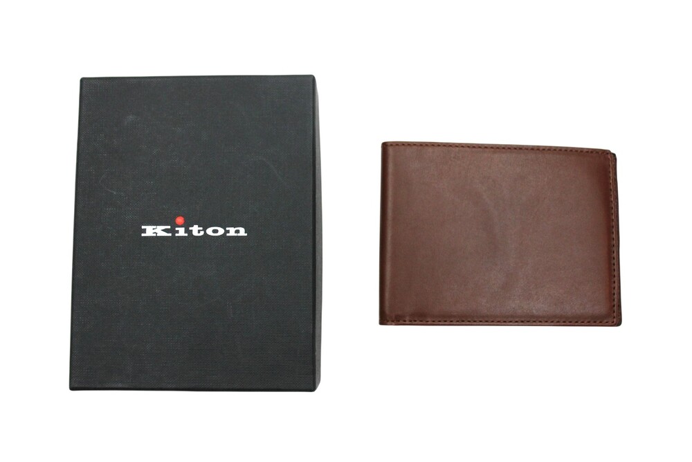Kiton Wallet Mens Brown Leather Bifold Italy Card Holder Slim New with Box